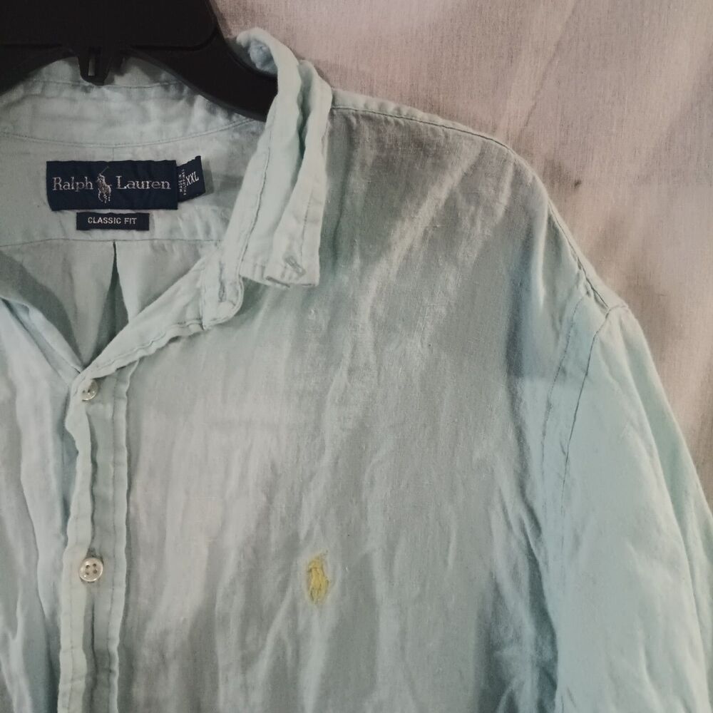 Ralph Lauren Blue 100% Linen Short Sleeve Button Up Shirt Mens Size 2XLarge